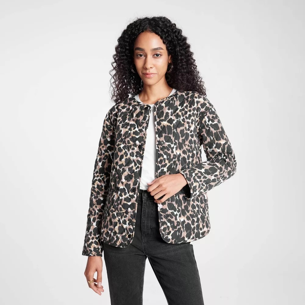 A New Day Leopard Print Quilted Jacket in Black and Tan